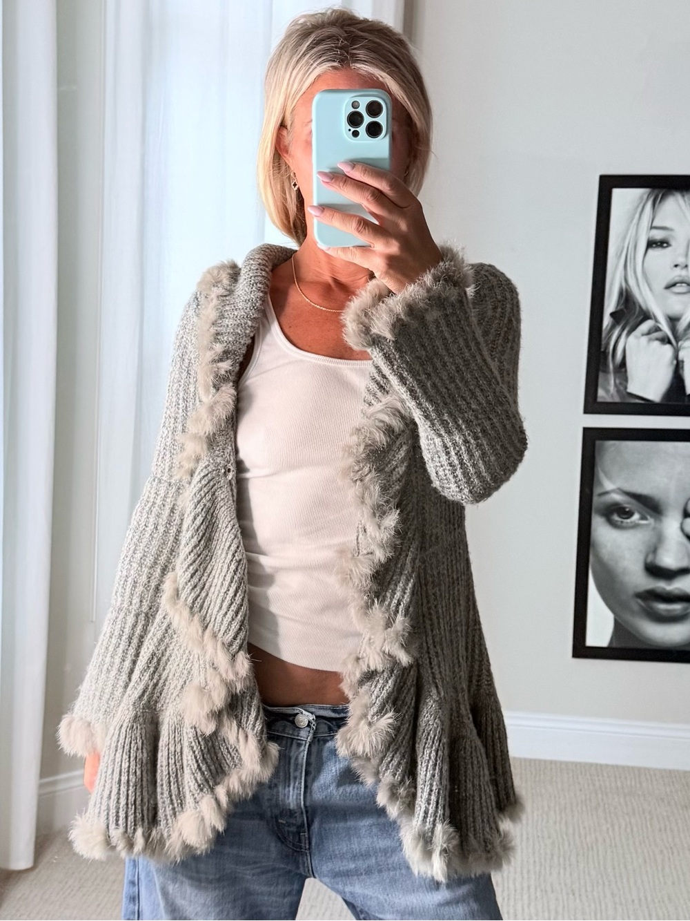 Tempo Paris Gray Open-Front Knit Cardigan with Rabbit Fur Trim